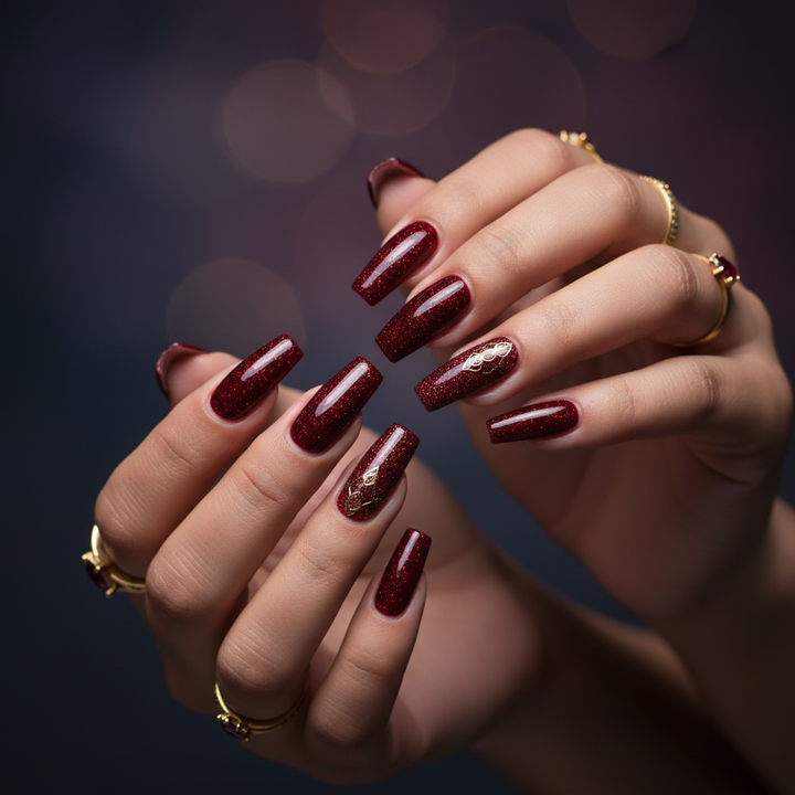 Wine Red Glitter Nails